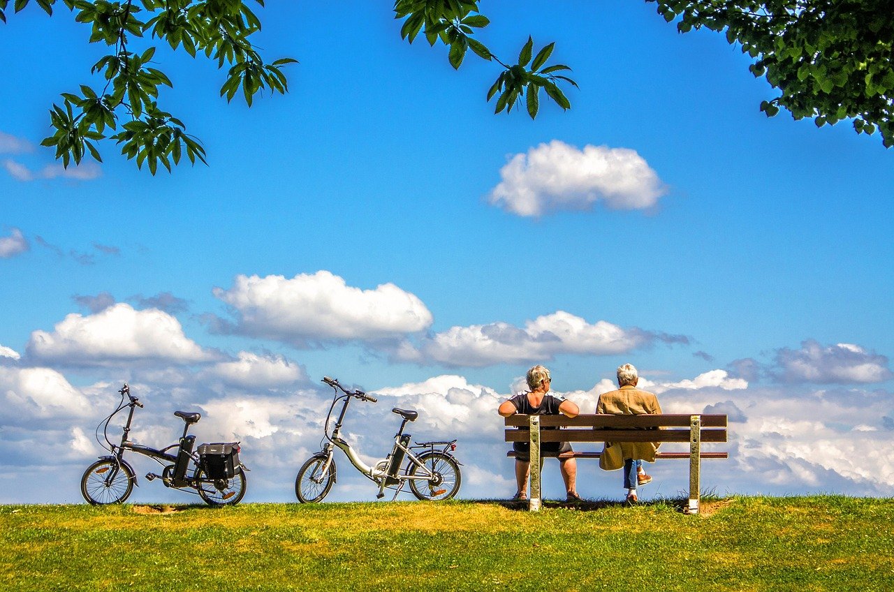 man, woman, bicycle, bike, air, sky, nature, bench, peace, people, couple